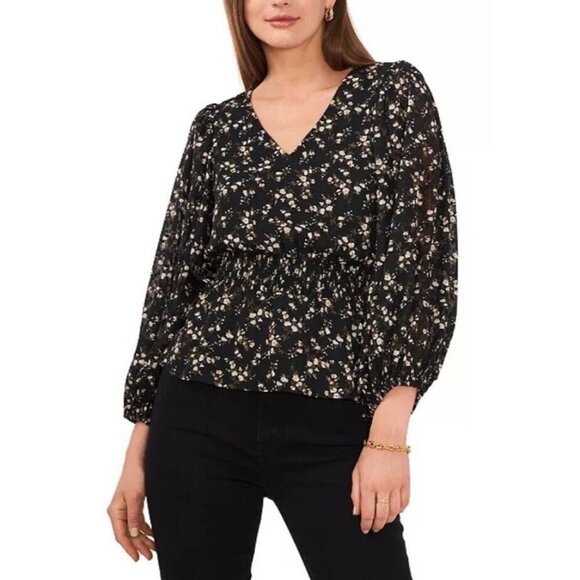 Vince Camuto Women XS Black Print Smocked Waist Balloon Sleeve V Neck Blouse NWT - Picture 1 of 7